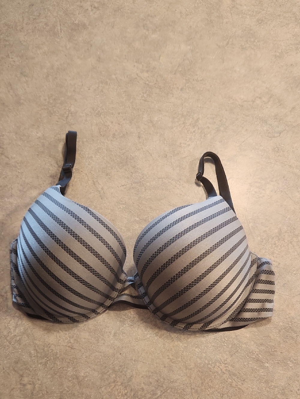 Victoria's Secret Light Gray and Black Striped T-Shirt Bra